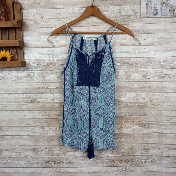 SOLITAIRE Women's Blue Crochet‎ Patterned Sleeveless Tank Top Size S - Picture 1 of 8